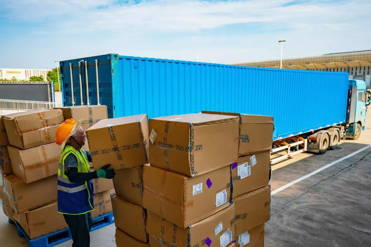 Worker preparing bulk hardware products for delivery