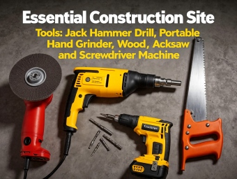 Essential Construction Site Tools: Jack Hammer Drill, Portable Hand Grinder, Wood Hacksaw and Screwd