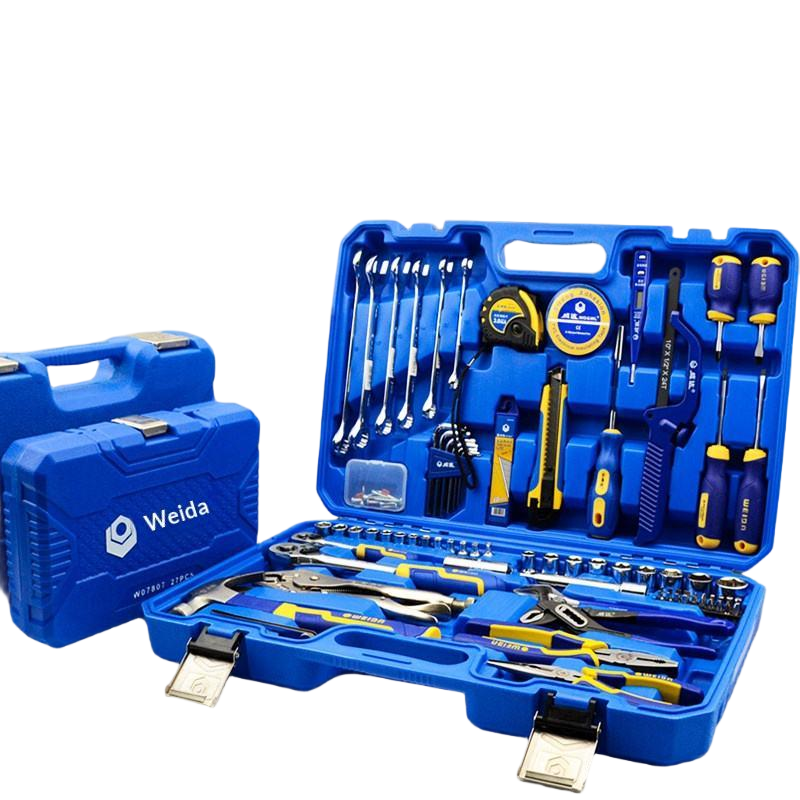Weida home tool set in blue blow molded case with socket set, combination wrenches, pliers and screwdrivers (open case view)