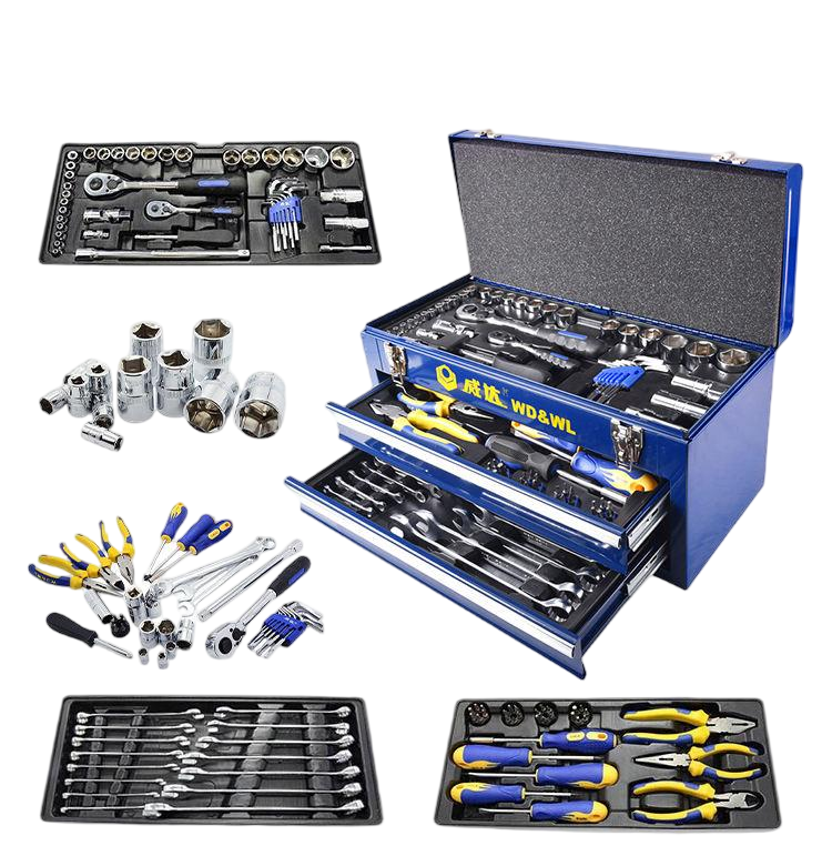 Blue metal tool chest set with drawers containing socket set, ratchets, combination wrenches, pliers and screwdrivers (open case view)