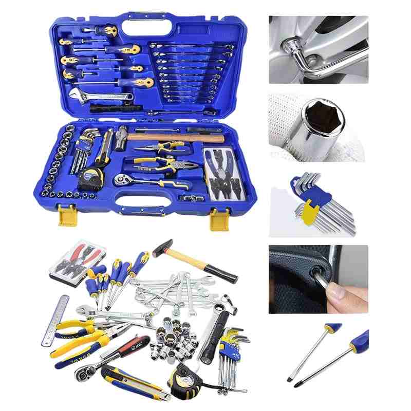 Mechanic and household tool set in blue blow molded case with socket set, combination wrenches, pliers, hammer and screwdrivers