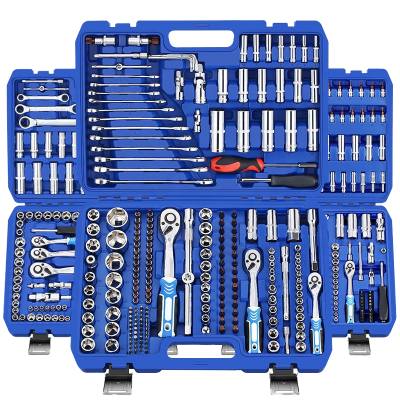 Professional master mechanic tool set in blue blow molded case with 1/4 3/8 and 1/2 inch drive sockets, ratchets, wrenches and bits (open case view)