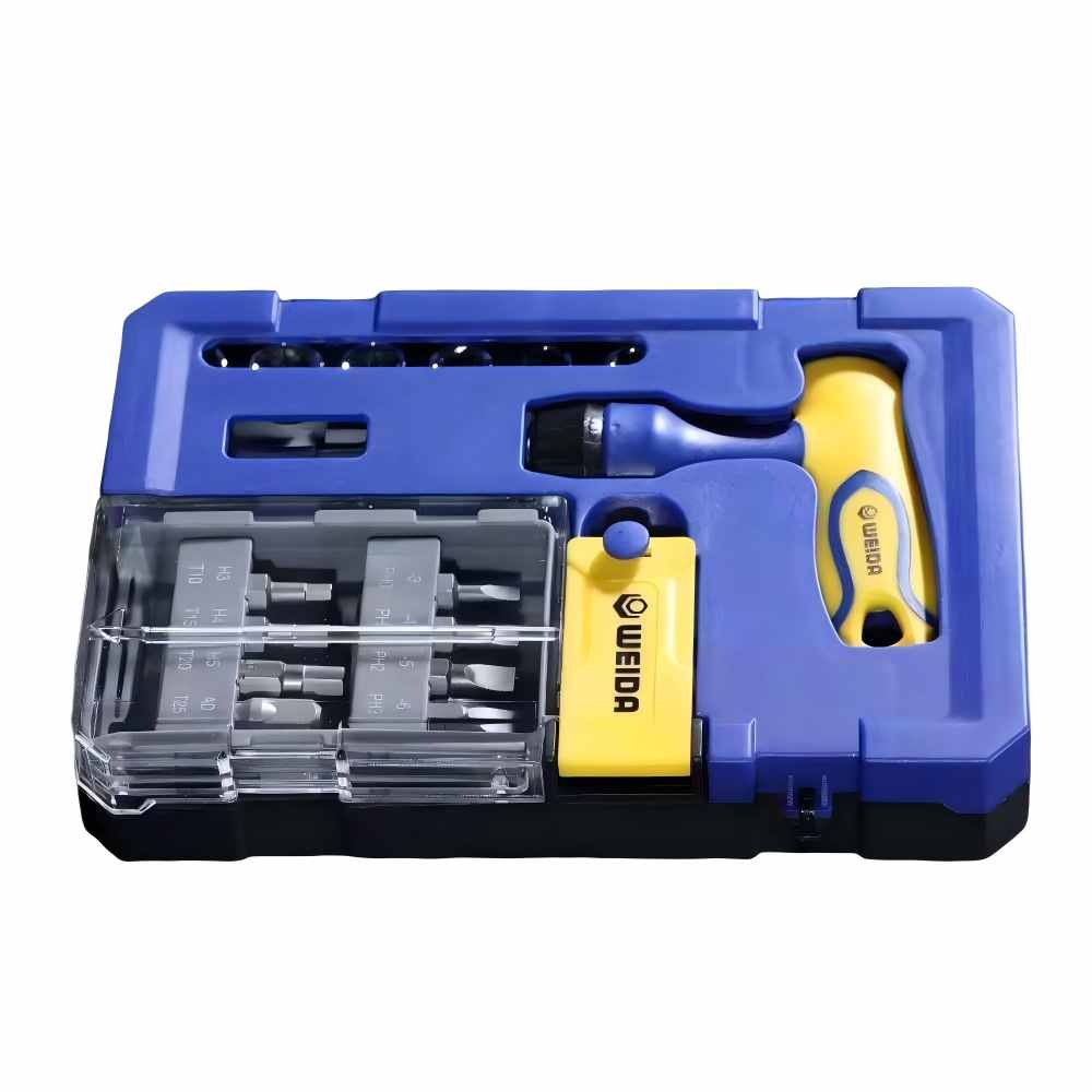 WEIDA T-handle screwdriver bit set with hex, torx, phillips and slotted bits and mini sockets in a portable case