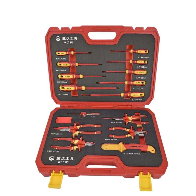 WEIDA W07315 insulated electrician tool set in red case with VDE insulated screwdrivers, pliers, wire stripper and voltage tester
