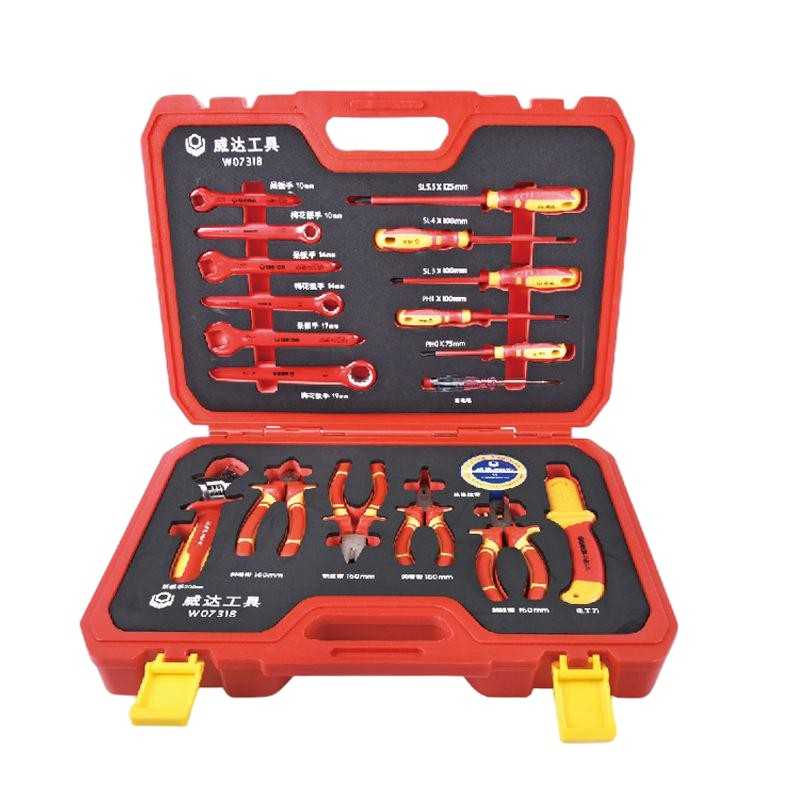 WEIDA W07318 insulated electrician tool set in red case with insulated wrenches, screwdrivers, pliers, wire stripper and voltage tester
