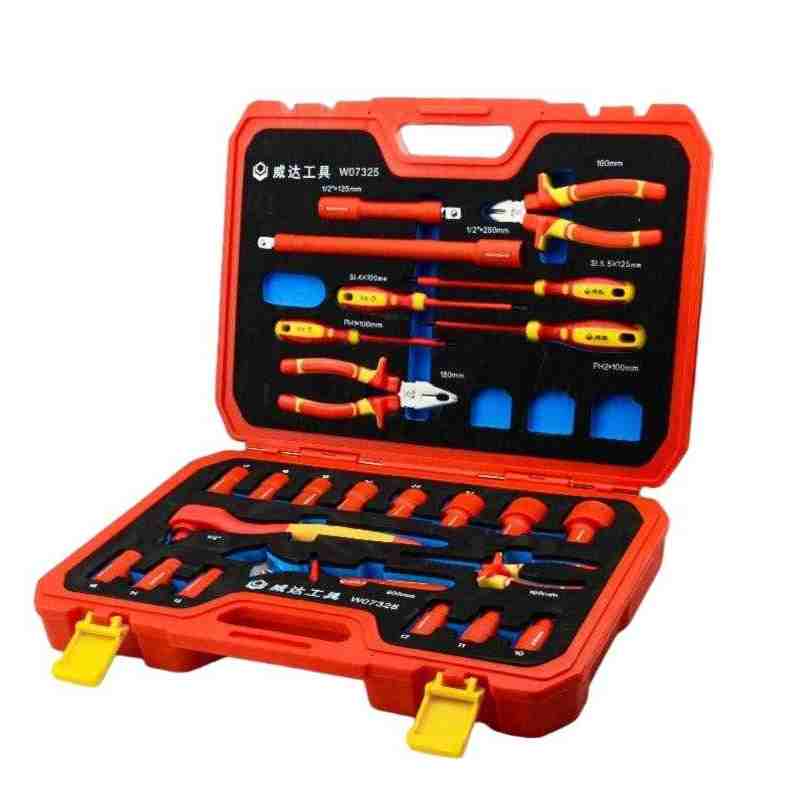 WEIDA insulated electrician tool set in red case with insulated screwdrivers, pliers, 1/2 inch insulated sockets and ratchet
