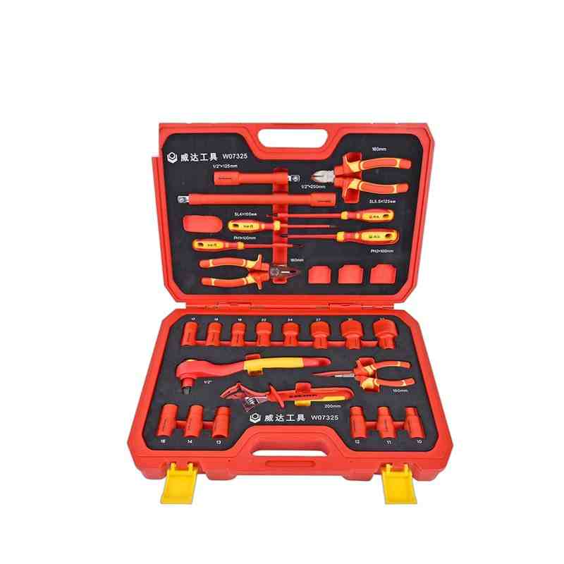 WEIDA W07325 insulated electrician tool set in red case with 1/2 inch insulated sockets 10-32mm, ratchet, screwdrivers and pliers