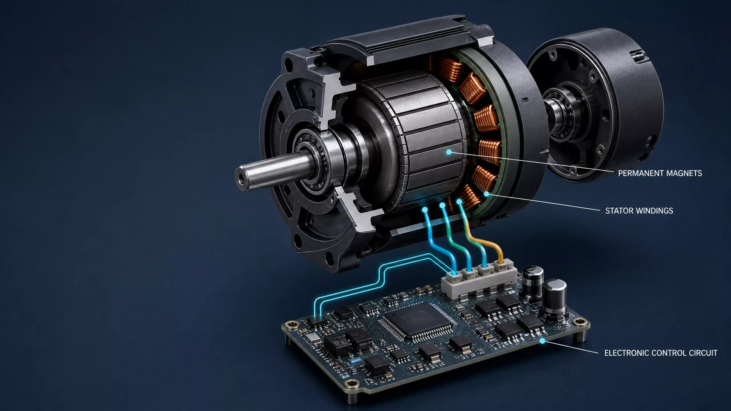 Permanent magnets and electronic circuit in a brushless motor.webp